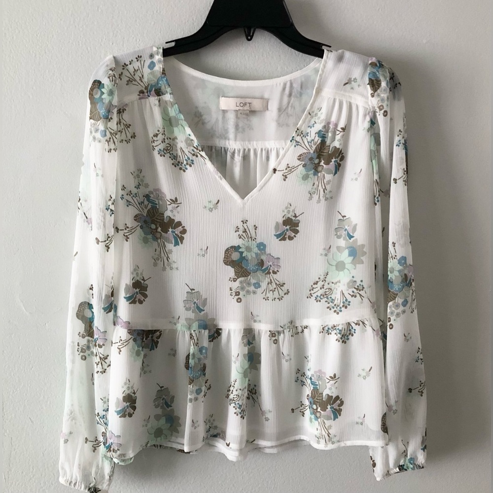 LOFT White Floral V-Neck Long Sleeve Blouse